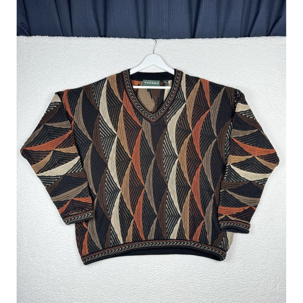 Vintage 90s TUNDRA V-Neck Knit Sweater 3D Print Style Abstract - Men's XL